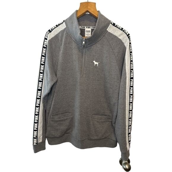 PINK Victoria's Secret Tops - Victoria’s Secret PINK Gray 3/4 zip Sweatshirt with Pockets & Logo Stripe—Large